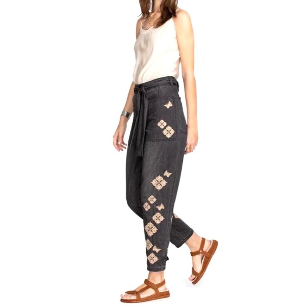 Johnny Was Women Sz Small Embroidered Floral Cotton Jade Black Pants Tie Waist